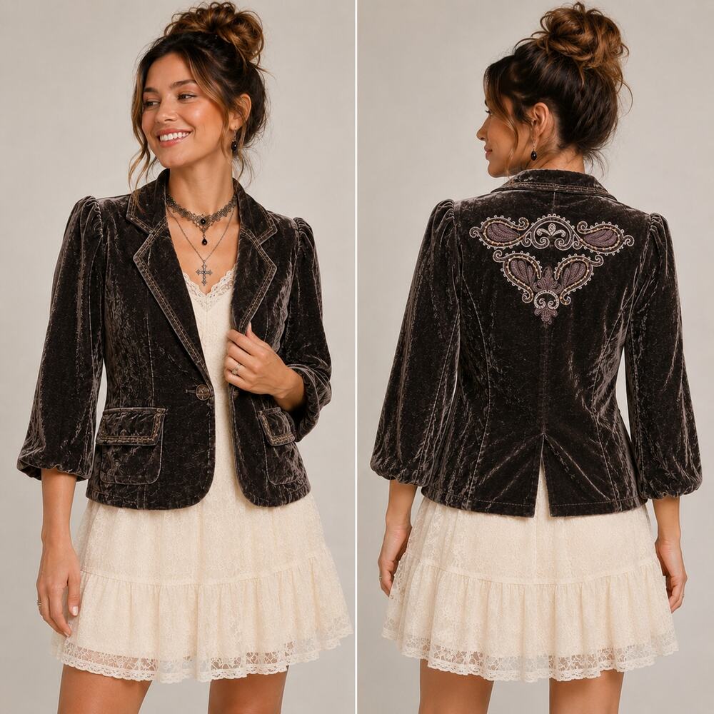 Vintage Y2K Cotton Candy Brown Velvet Blazer Small Beaded Whimsigoth Boho Witchy